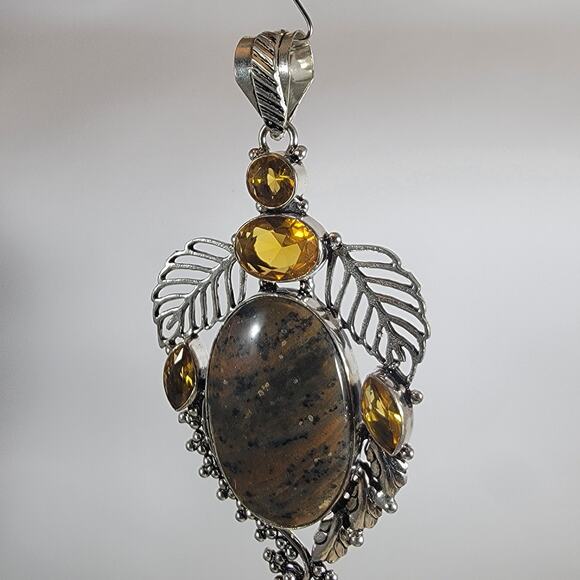 Jasper & Citrine Leaf Motif Pendant – Sterling Silver Artisan Gemstone Jewelry - Picture 1 of 10
